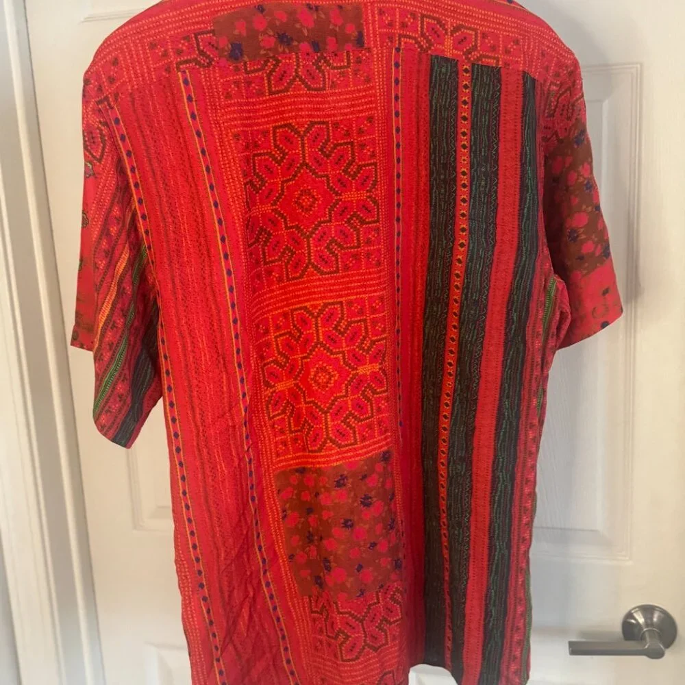 MCEDAR NWT Large Red Boho Patchwork Vertical Stripe Short Sleeve Shirt - Picture 3 of 5